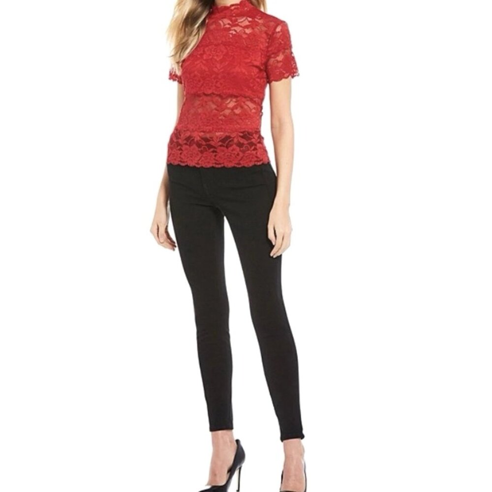 Guess Los Angeles Women’s Sheer Red Lace Top Sz L Mock Neck Zip Short Sleeve
